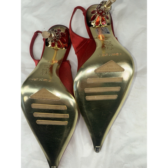 Gianmarco Lorenzi sling back pump satin Red Size 38 Ornate gold embellished new - Picture 8 of 12